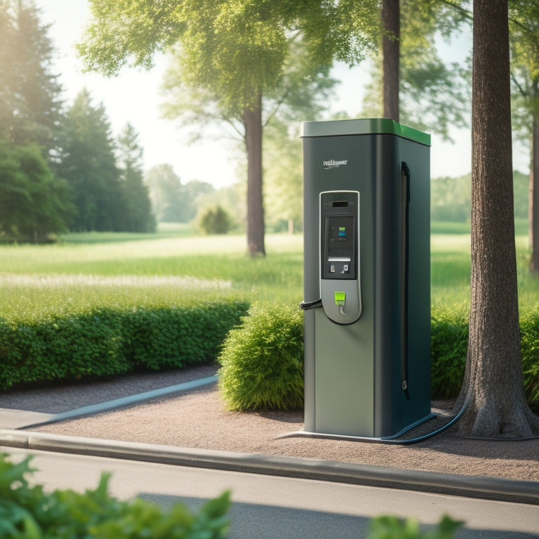 A sleek, modern electric vehicle charging station with a gleaming metal panel, spotless and free of dust, surrounded by greenery, with a subtle EV charging cable coiled neatly in the corner.