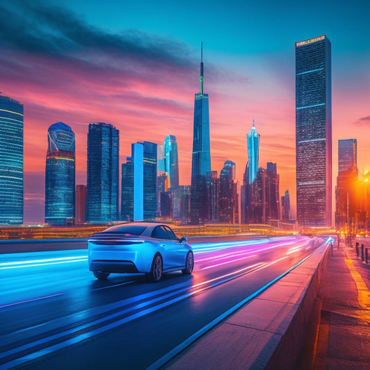 A futuristic cityscape at dusk with sleek, electric vehicles zooming by, surrounded by neon-lit skyscrapers and a giant, glowing electric plug piercing the sky.
