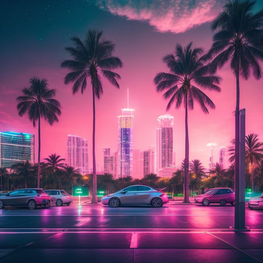 A futuristic illustration of Miami's cityscape with sleek, modern electric vehicle charging stations scattered throughout, surrounded by lush greenery and vibrant neon lights illuminating the night sky.