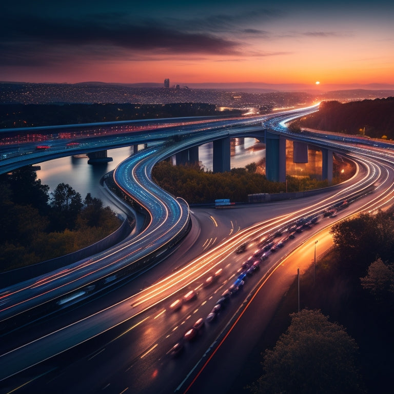 A futuristic highway at dusk with sleek electric vehicles zooming by, surrounded by Georgia's state outline in the background, with a faint image of a puzzle piece being removed, symbolizing disruption.