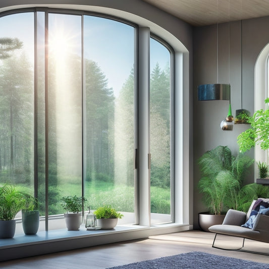 A serene, modern eco-friendly home interior with large windows, lush greenery, and a sleek, touchscreen ventilation control panel on the wall, surrounded by subtle, swirling air patterns and gentle, glowing ambient light.