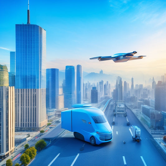 A futuristic cityscape with a sleek, electric postal truck in the foreground, surrounded by flying drones and robots, amidst a backdrop of towering skyscrapers and a bright blue sky.