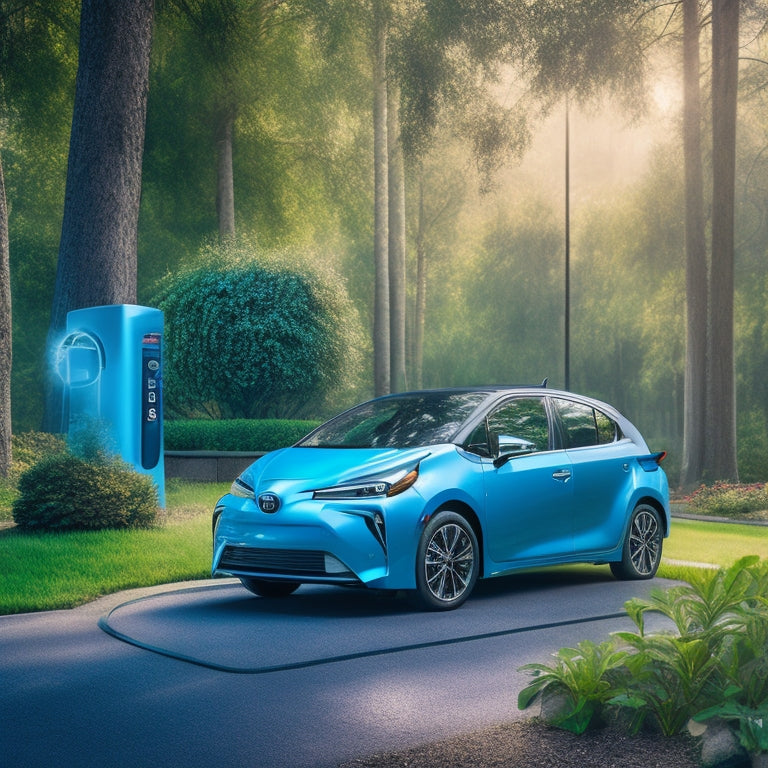 An illustration of a Toyota electric vehicle parked in front of a sleek, modern charging station, with swirling blue lines and lightning bolts emanating from the charger, surrounded by lush greenery.