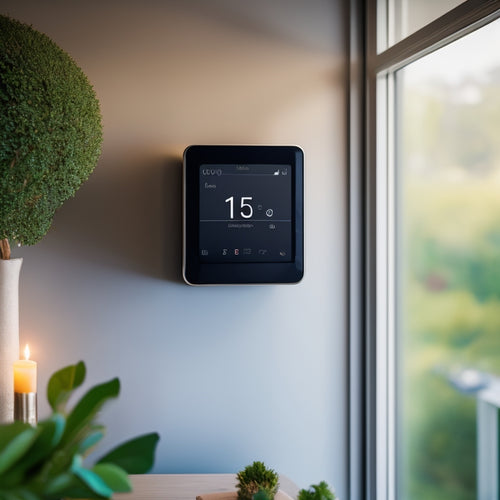 A modern, eco-friendly home with sleek, minimalist decor, featuring a smart thermostat, energy-harvesting windows, and a wall-mounted tablet displaying real-time energy usage data.