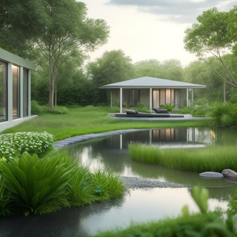 A serene, modern green home with lush vegetation and a small pond, surrounded by a lush lawn, with a subtle mist of water from automated sprinklers in the foreground.