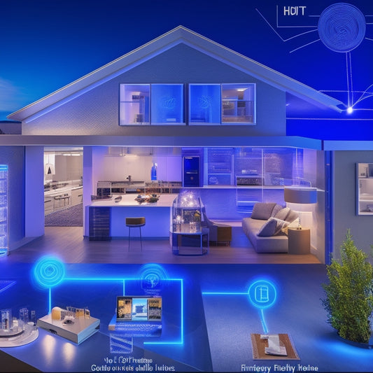 An illustration of a modern smart home with various energy-using devices (e.g., lights, laptops, refrigerators) connected to a central hub, surrounded by swirling arrows indicating optimized energy flow and efficiency.