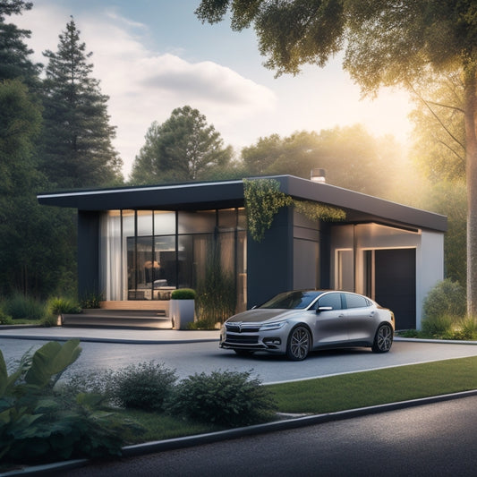 An illustration of a modern home with a sleek electric vehicle parked in the driveway, surrounded by greenery, with visible power lines and a smart charging station, showcasing a balanced flow of energy between the house and the car.