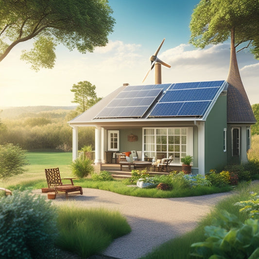 An illustration featuring a serene, eco-friendly home surrounded by lush greenery, with solar panels on the roof, a recycling bin on the porch, and a wind turbine in the distant background.