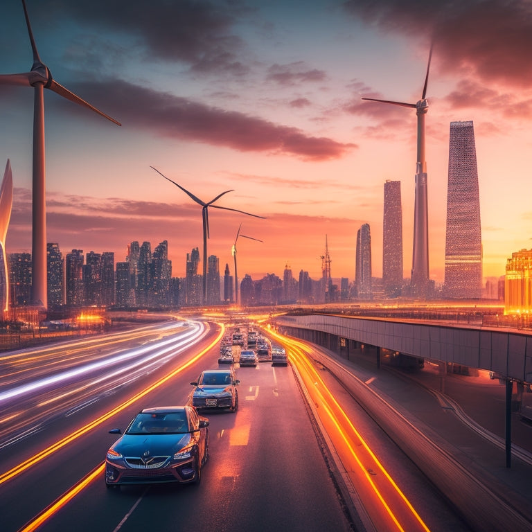 A futuristic cityscape at dusk with sleek electric cars zooming by, their LED lights illuminating the road, surrounded by towering skyscrapers and wind turbines in the background.