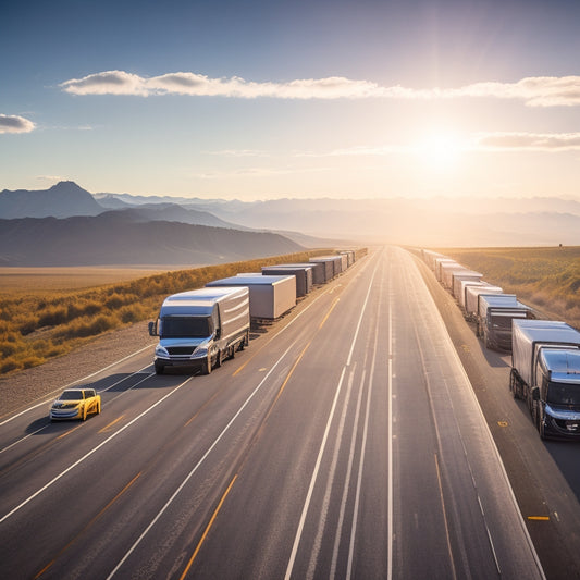 A scenic background of a sunny highway with a fleet of commercial vehicles, including a semi-truck, van, and box truck, each equipped with sleek, black solar panels on their rooftops.
