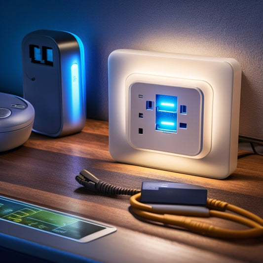An illustration of a WiFi-enabled power strip plugged into a wall outlet, surrounded by various electronic devices, with a subtle glow effect and a faint dollar sign ($) symbol etched into the background.