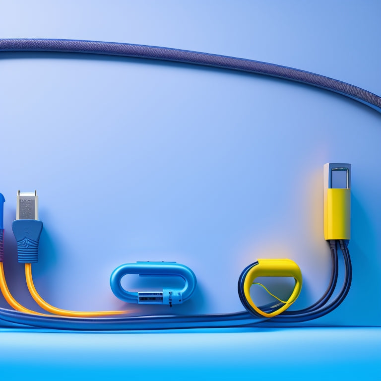 An illustration of various electric car charging cables and plugs, with a subtle gradient background, showcasing Type 1, Type 2, CCS, and Tesla's Supercharger connector in a curved arrangement.