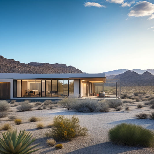 A serene, modern home in a desert landscape with a sleek, silver geothermal unit visible outside, surrounded by lush greenery, with a subtle mist of cool air emanating from the roof.