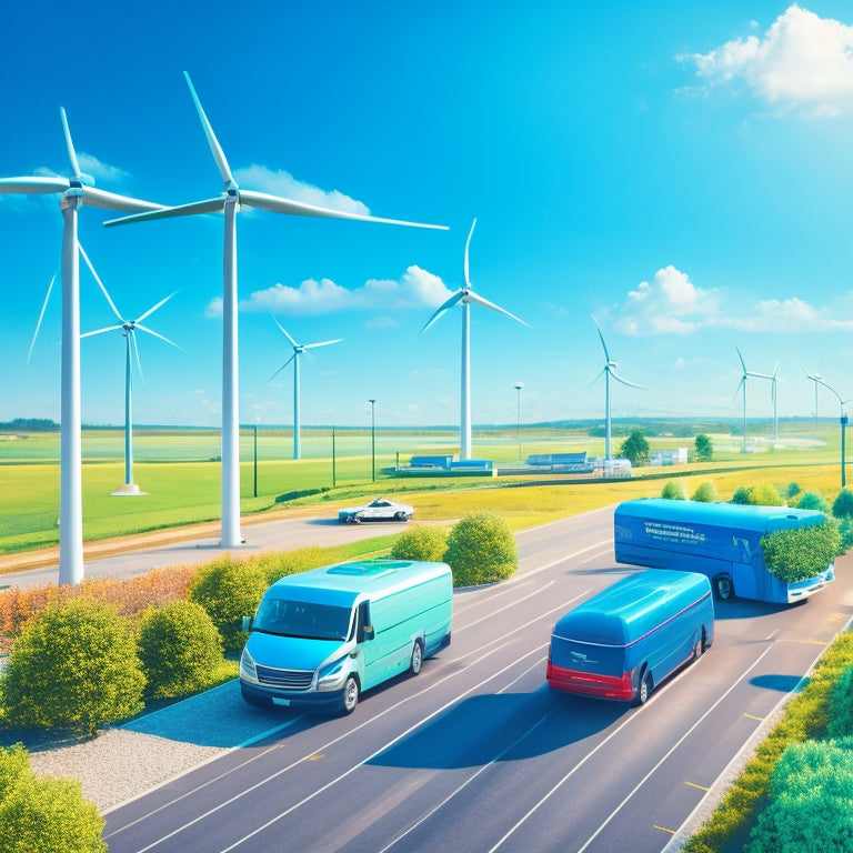 A stylized illustration of a fleet of vehicles, including electric cars, buses, and trucks, surrounded by greenery and wind turbines, with bright blue skies and a sunny glow.