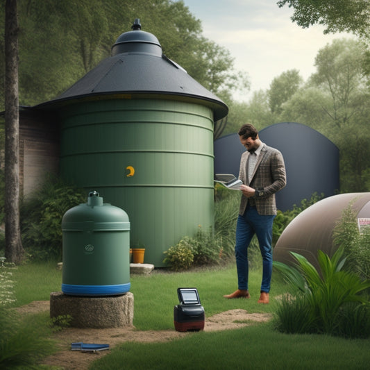 An illustration of a person standing beside a greywater storage tank, measuring tape wrapped around the tank, with a calculator and notebook nearby, surrounded by lush greenery and a subtle background of a house.
