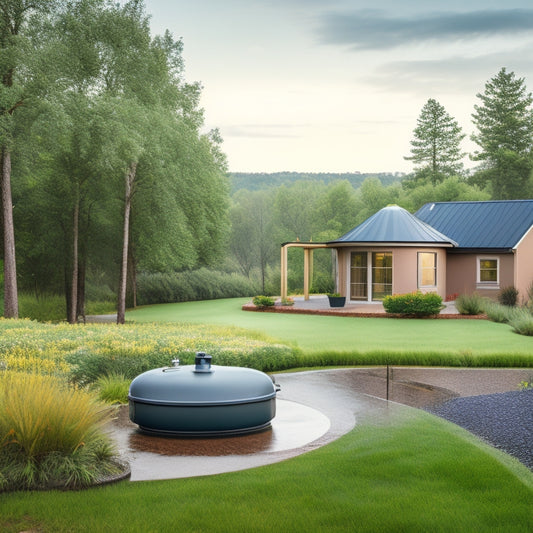 A serene outdoor scene with a modern home in the background, featuring a prominent rainwater harvesting system with a large tank and piping, surrounded by lush greenery and a few strategically placed rain barrels.