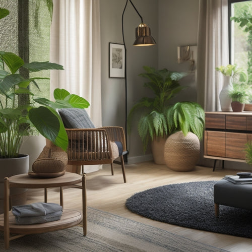 A serene, well-lit living room with a lush green plant, a sleek air purifier, and an energy-efficient fan, surrounded by natural materials like reclaimed wood and woven fibers.