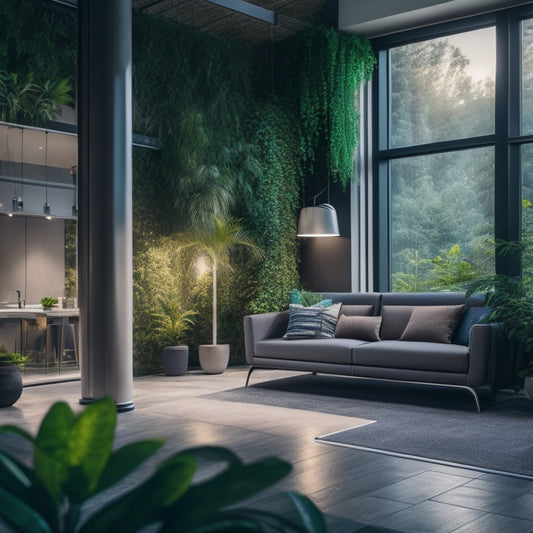 A serene, modern living room with a sleek electric vehicle parked outside, illuminated by a large window, surrounded by lush greenery, and featuring a subtle, glowing charging station on the wall.