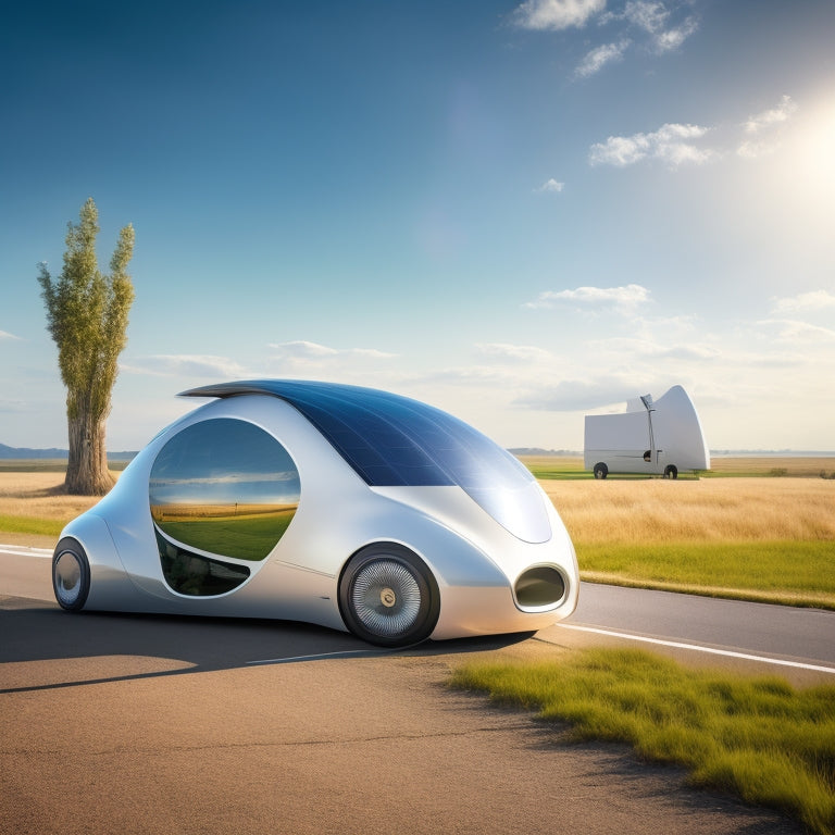 An illustration of a futuristic, sleek, and eco-friendly vehicle with built-in solar panels on the roof, wind turbines on the sides, and a kinetic energy harvesting system on the wheels.