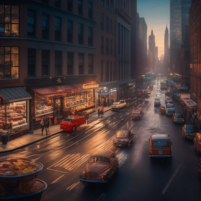 A vibrant, overhead illustration of a bustling NYC street at dusk, with steam rising from manhole covers and twinkling lights reflecting off wet pavement, showcasing iconic eateries and diverse culinary delights.