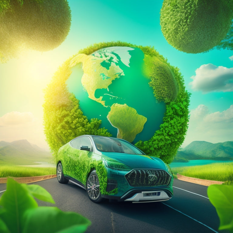 An illustration of a stylized globe with electric vehicles orbiting around it, surrounded by rising graphs and charts, with greenery and leaves sprouting from the vehicles, symbolizing growth and sustainability.