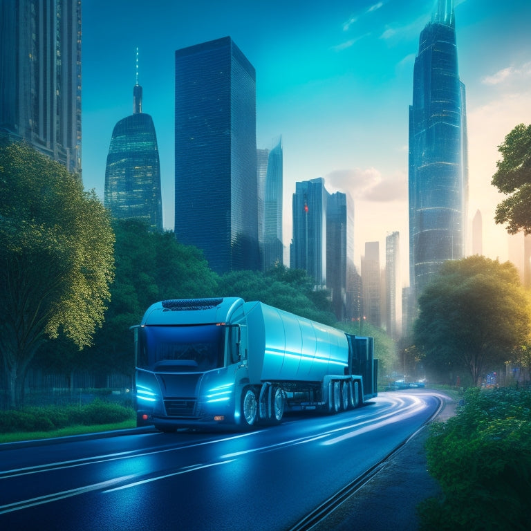 An illustration of a futuristic cityscape at dawn, featuring a sleek, electric garbage truck with glowing blue accents, amidst a backdrop of lush greenery and towering skyscrapers.