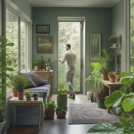 A serene, eco-friendly home interior with a subtle green glow, featuring a person in the background sealing gaps around a window with a caulk gun, surrounded by lush plants and natural textiles.