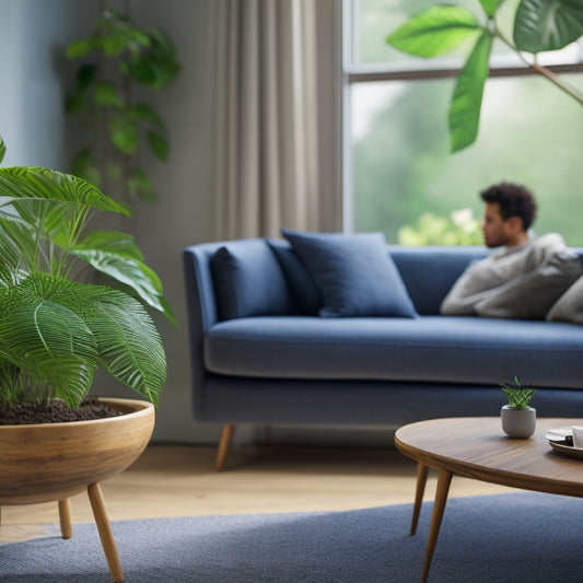A serene living room with lush green plants, a minimalist wooden table, and a sleek, modern air monitor device with a gentle, pulsing blue light on its circular screen.