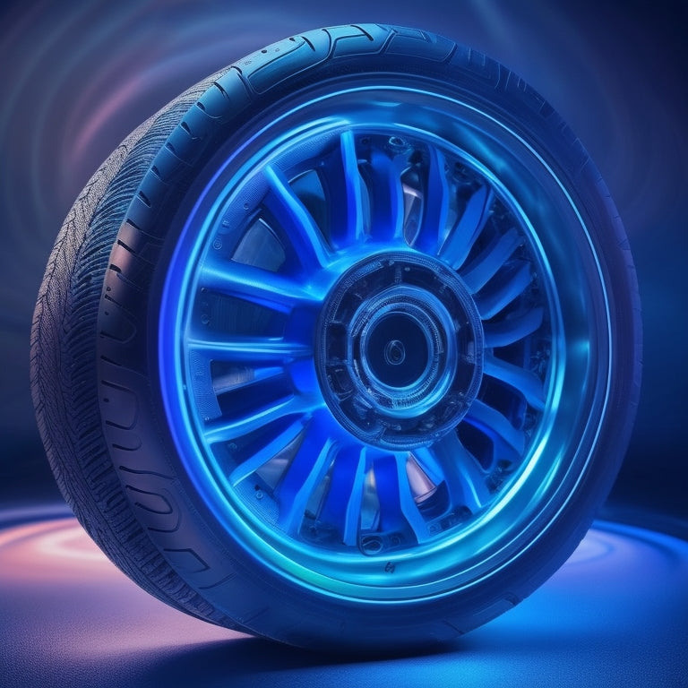 A futuristic, high-contrast image featuring a sleek, silver electric vehicle wheel with glowing blue accents, surrounded by swirling, neon-lit tire tread patterns and micro-circuitry details.