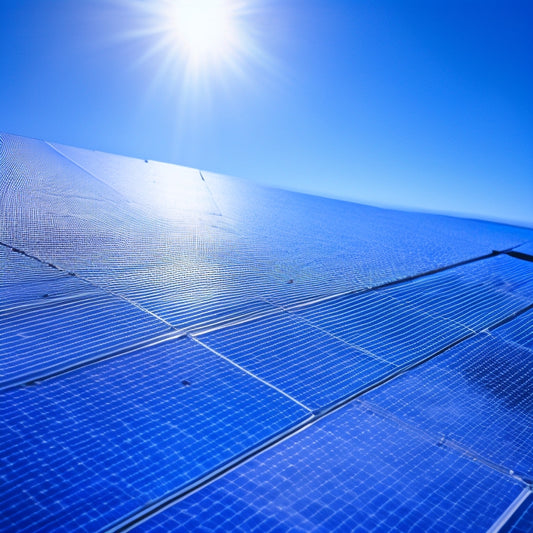 A close-up of a clean solar panel with a few microfiber cloths of varying sizes and colors scattered around it, with a faint reflection of a sunny sky in the panel's surface.