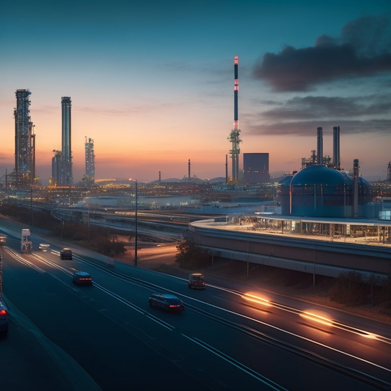 A futuristic cityscape at dusk, with sleek electric vehicles zooming past a dwindling oil refinery, its pipes and towers diminished, overshadowed by a vast, gleaming EV charging station.