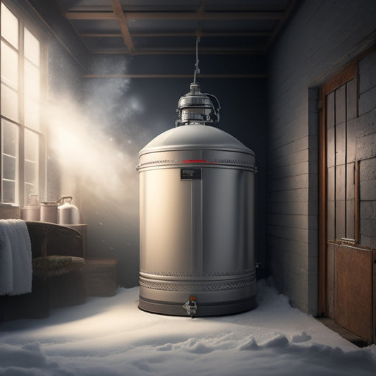 An illustration of a water heater in a cold, dimly lit basement or garage, surrounded by snowflakes, icicles, and frost, with steam rising from the top and warmth radiating from the tank.