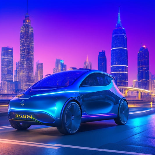 A futuristic, sleek electric vehicle, with Taylor-Dunn's logo subtly integrated, stands against a blurred cityscape, with bright, swirling lights and neon hues, evoking innovation and progress.