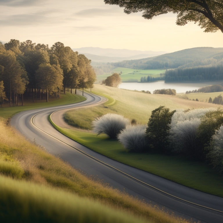 A serene landscape with a winding road, a few trees, and a faint outline of a cityscape in the distance, with an eco-friendly car in the foreground, made from recycled parts.