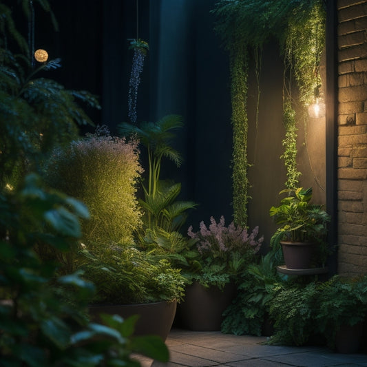 A serene, moonlit vertical garden with lush greenery and vibrant flowers, illuminated by soft, warm solar-powered string lights that weave in and out of the planters, casting a mesmerizing glow.