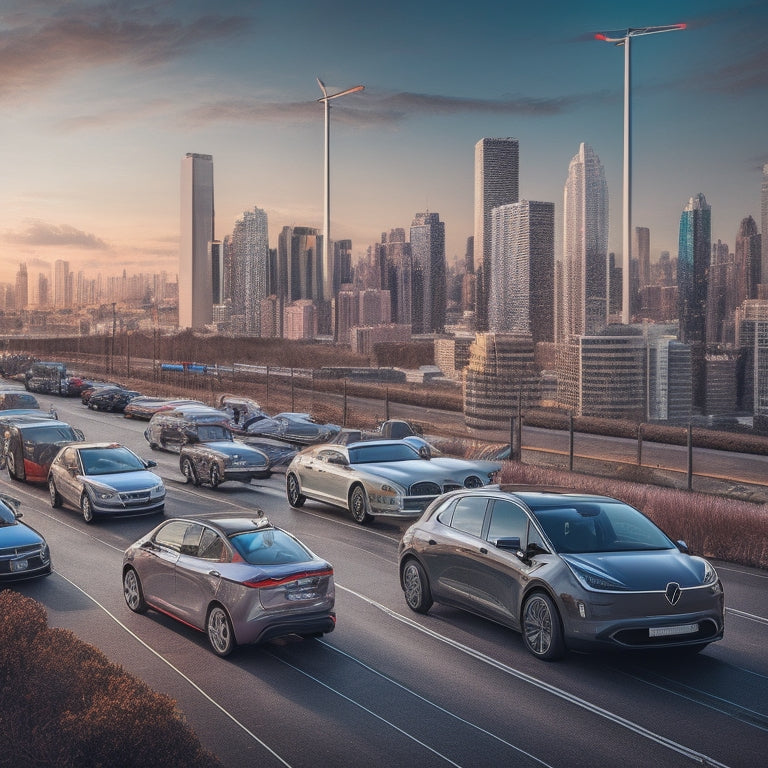 An illustration of various electric vehicles plugged into different types of inverters, with charging cables and wires snaking around a cityscape background with a subtle grid pattern.