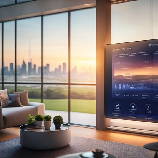 A futuristic smart home dashboard on a large touchscreen display, surrounded by a sleek, modern living room with a cityscape view, featuring various energy usage graphs and icons.