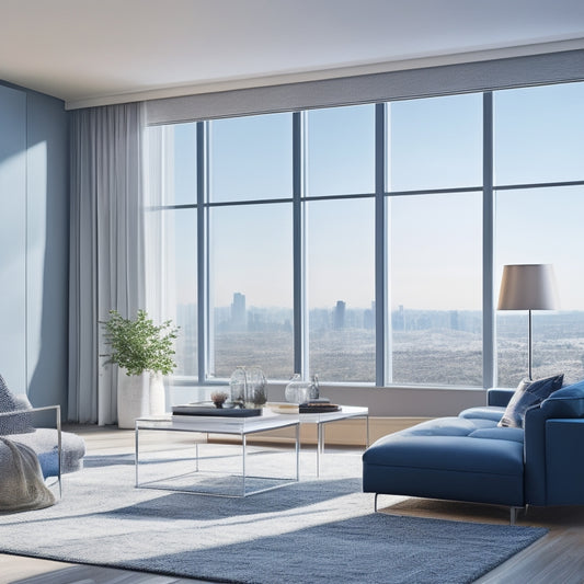 A modern living room with floor-to-ceiling windows, sleek automated blinds in a light gray finish, and a subtle LED strip displaying a soft blue glow, set against a warm, sunny afternoon backdrop.
