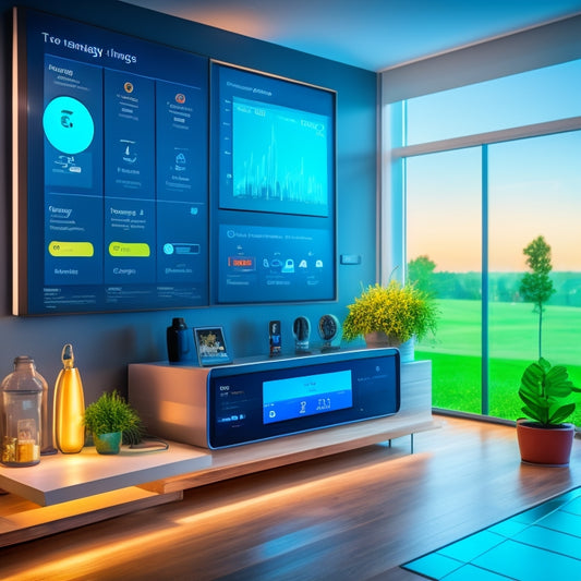 A futuristic smart home interior with a large touchscreen display showing real-time energy usage graphs, surrounded by various energy-tracking devices, including smart plugs, a smart thermostat, and a home energy monitor.