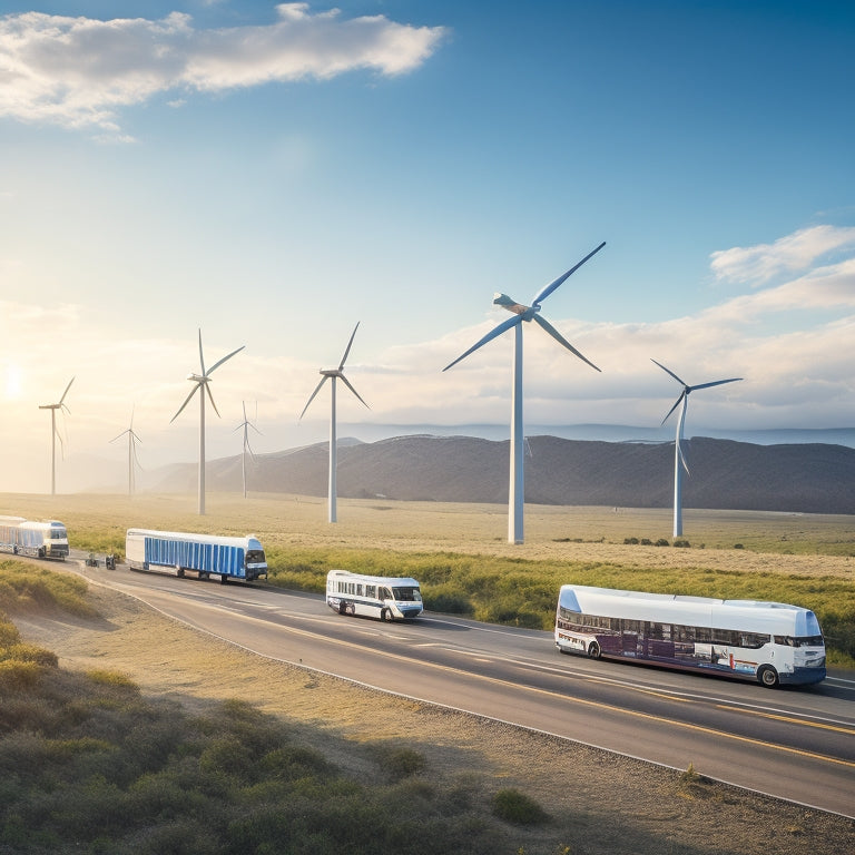 A serene landscape depicting a fleet of electric vehicles and buses parked in front of a vast, sunlit wind farm, with sleek, modern turbines spinning gently in the background.