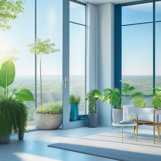 A serene living room with lush green plants, a futuristic air purifier, and a large window with a clear blue sky, featuring a subtle gradient of clean air molecules and gentle breeze lines.