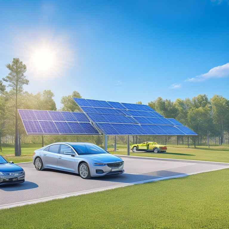 An illustration of a clean and well-maintained solar panel array tilted at an angle, with a few electric vehicles charging in the background, surrounded by lush greenery and a clear blue sky.