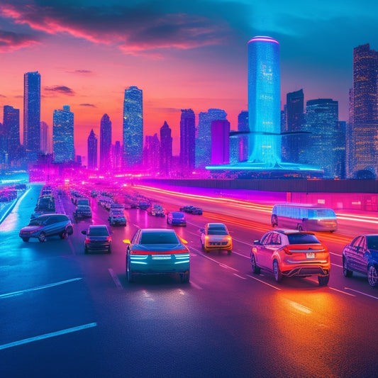 A futuristic cityscape at dusk with sleek, glowing electric vehicles of various shapes and sizes, including cars, SUVs, trucks, and motorcycles, parked or in motion, amidst neon lights and holographic advertisements.