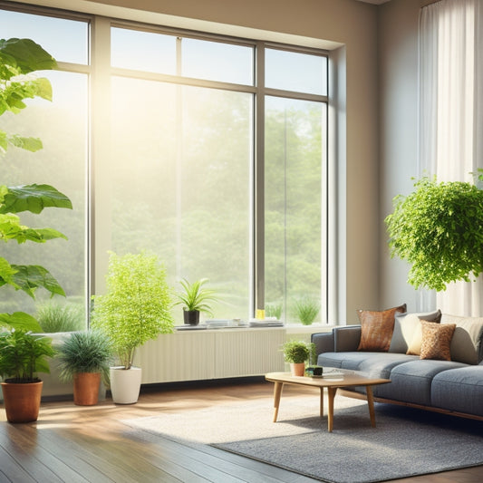 A serene living room with large windows, a modern solar panel on the roof, and a sleek air purifier on a minimalist table, surrounded by lush green plants and a subtle hint of sunlight.