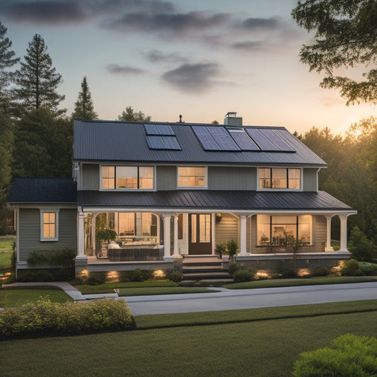 A serene suburban home at dusk, with a sleek, compact battery system installed on the side of the house, surrounded by lush greenery and a few solar panels on the roof.