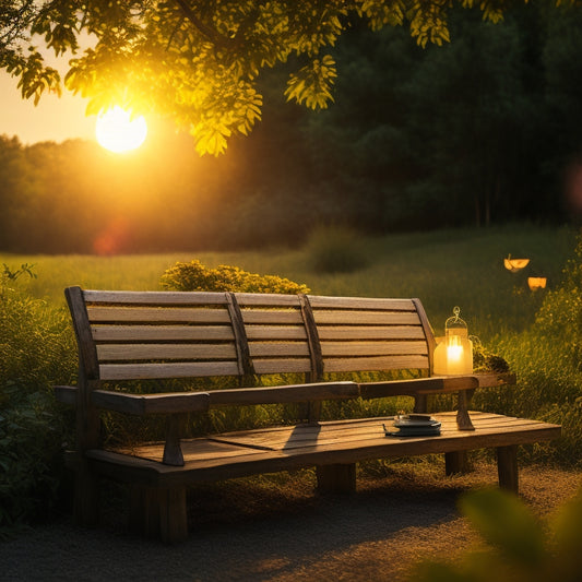 A rustic wooden bench with built-in solar panels on the backrest, surrounded by lush greenery and a few scattered solar-powered lanterns, set against a warm sunset backdrop with a faint solar flare.