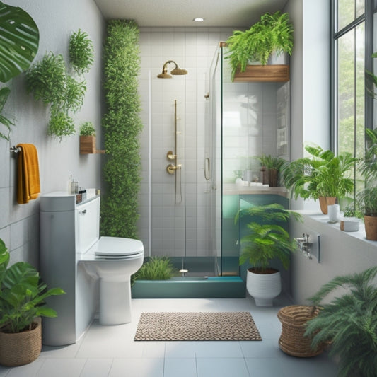 An illustration of a modern bathroom with a shower, sink, and toilet, connected to a greywater tank and treatment system, with pipes and valves, surrounded by lush green plants and a subtle water droplet pattern.