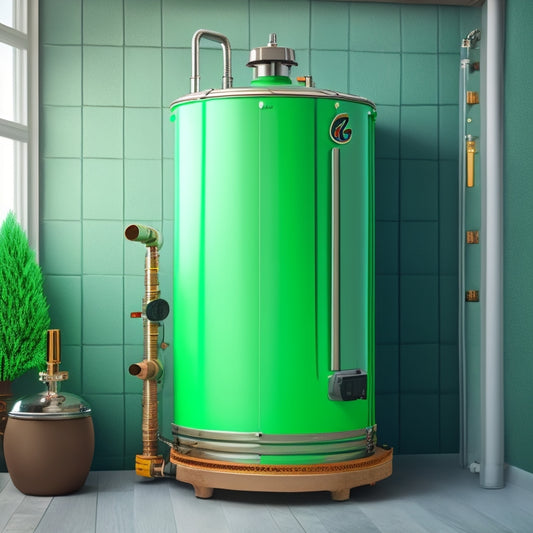 An illustration of a well-maintained water heater, with sparkling clean pipes, a sediment-free tank, and a thermometer with a green indicator, surrounded by subtle water ripples and a hint of steam.