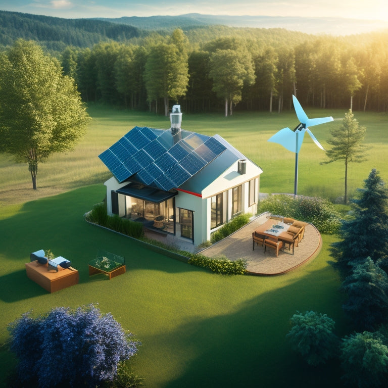 An illustration of a modern, eco-friendly home surrounded by lush greenery, with a small wind turbine, solar panels, and a battery storage system, connected to a miniature grid, symbolizing energy independence.