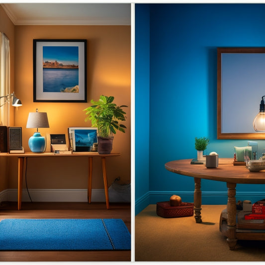 A split-screen image featuring a cluttered, dimly lit room with traditional plugs and a bright, organized room with energy-saving smart plugs, both with varying devices plugged in, showcasing contrasting energy efficiency.